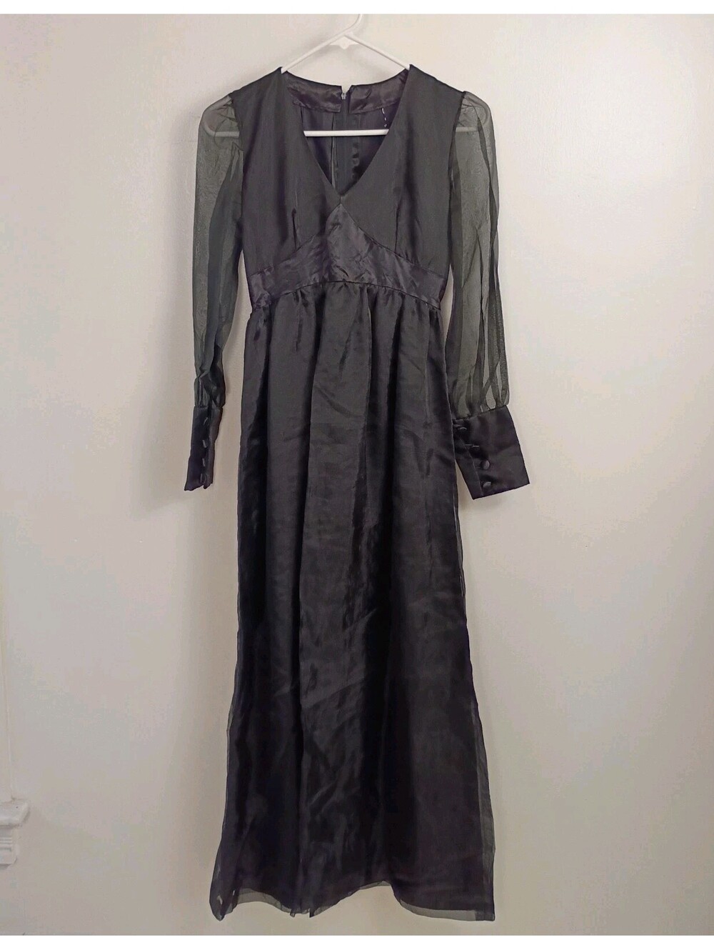 Black Satin Gown Sheer Puff Sleeve Handmade Wide Satin Cuffs S Costume